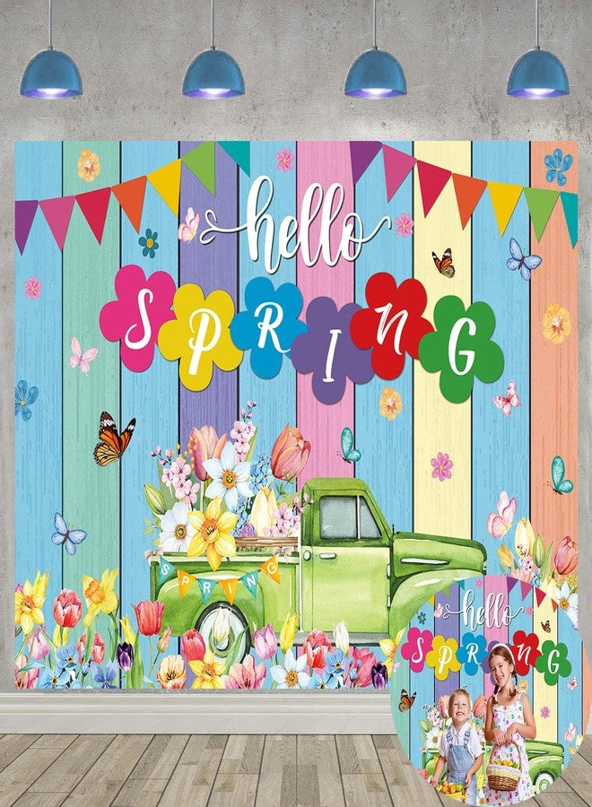 CINRAY Hello Spring Banner Backdrop 6x4FT Spring Truck Tulips Flowers Colorful Wood Photography Background Springs Easter Party Decorations Photo Props - Image 1