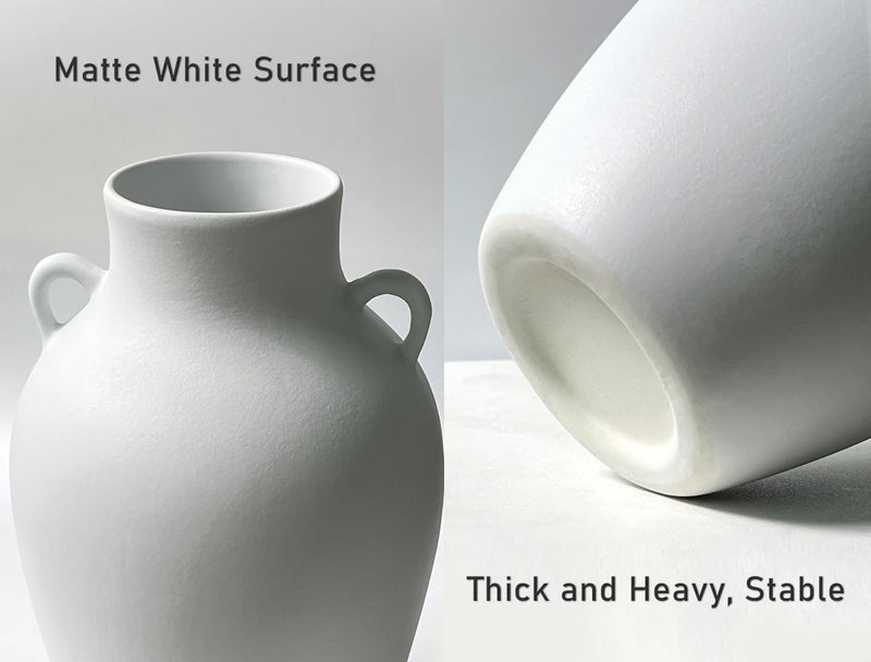 GeLive Matte White Ceramic Jar Vase with Dual Handles, Handmade 10 Inch Waterproof Rustic Farmhouse Pitcher Vase for Table Centerpiece, Flower Arrangement Home Decor - Image 2