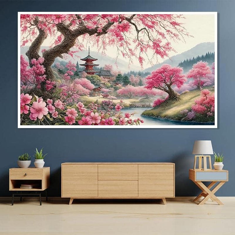 croshom Large Diamond Art Kits for Adults, Cherry Blossoms Flower Diamond Art Painting Kits for Adults, 5D DIY Full Drills Mountain Sakura Craft for Gifts, Home Wall Decor 15.7" x 27.6", Extra Large Size - Image 2
