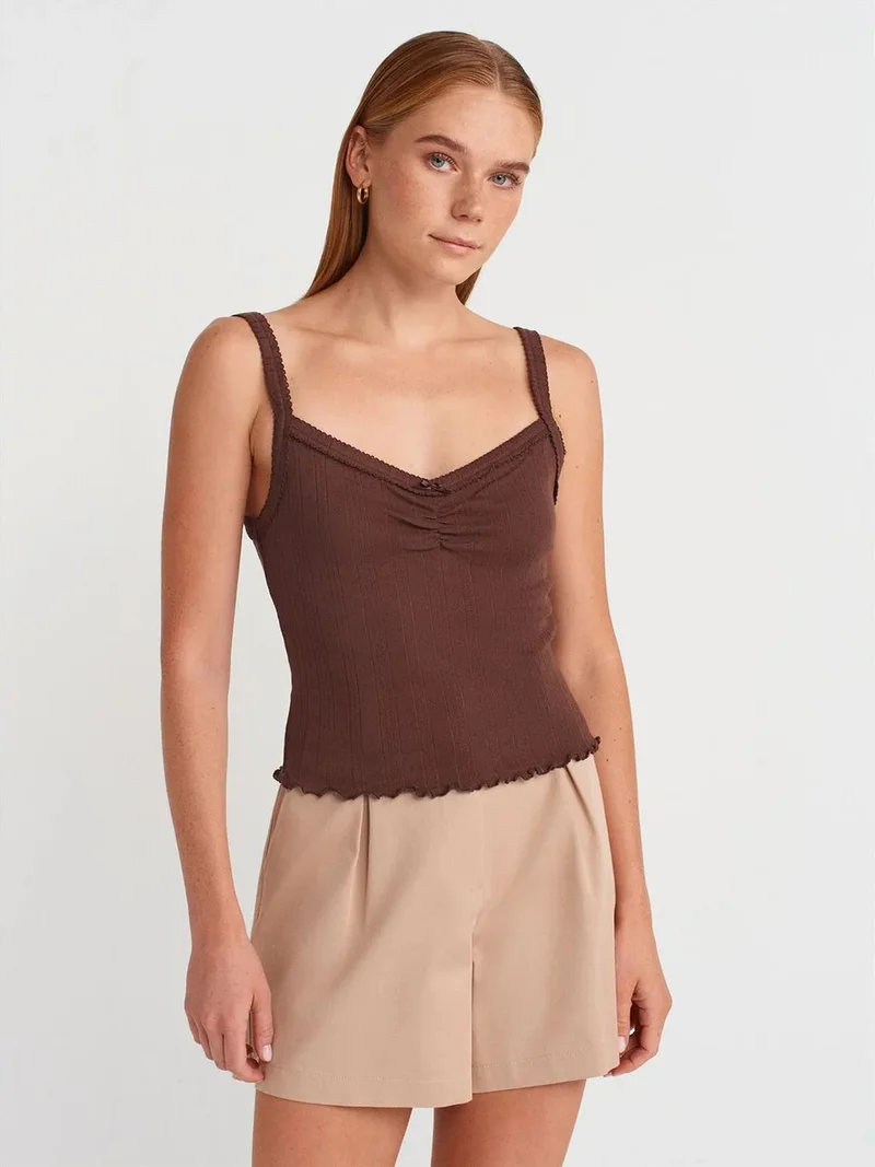 ديلفين Dilvin Cotton Ribbed Square-Neck Cami Blouse