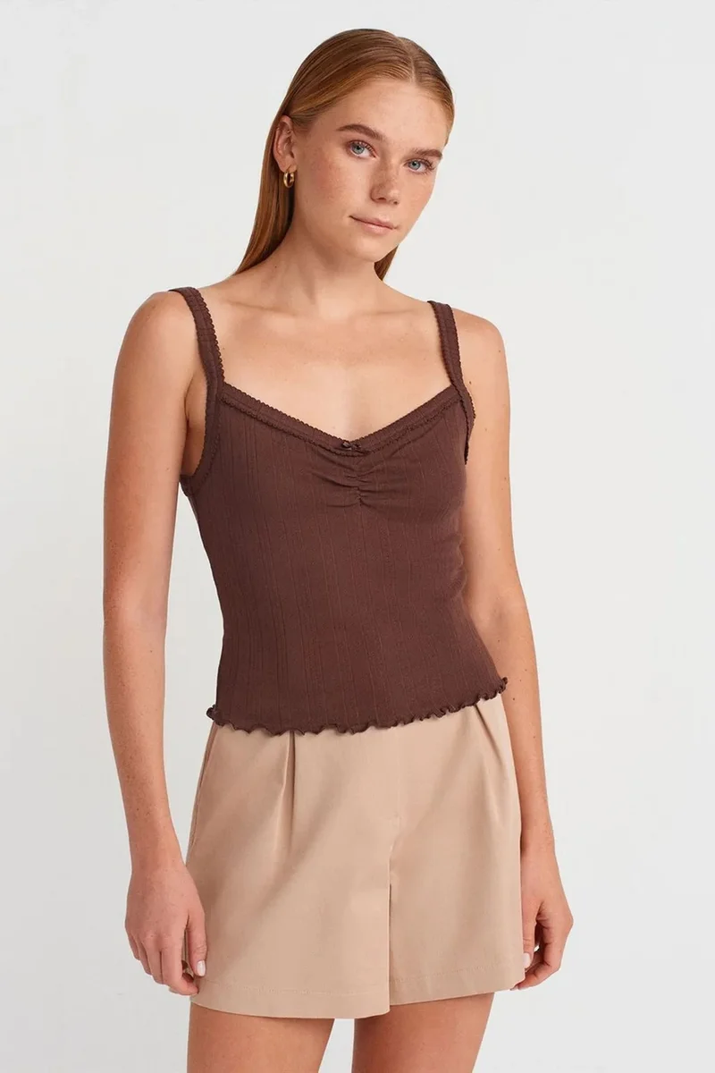 DILVIN Cotton Ribbed Square-Neck Cami Blouse