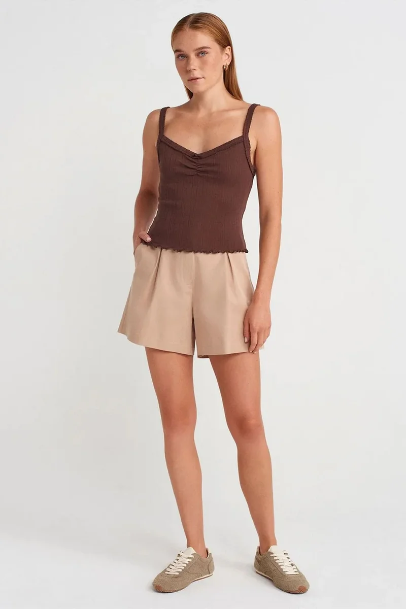 Dilvin Coffee Brown DILVIN Cotton Ribbed Square-Neck Cami Blouse for Women | Best Price UAE
