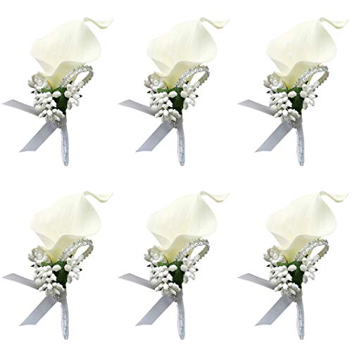 ChezMax Calla Lily White Boutonniere Handmade Silk Flower with Ribbon Corsage for Bride Groom Wedding Party 6 Packs - Image 1