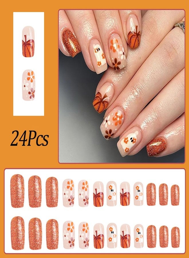 BYJKYEN Halloween Cute Ghost Pumpkin Press on Nails Short Square Fake Nails Acrylic Glue on Nails Autumn Glossy Full Cover Halloween False Nails for Women Girls Holiday Acrylic Manicure Decoration 24Pcs - Image 2