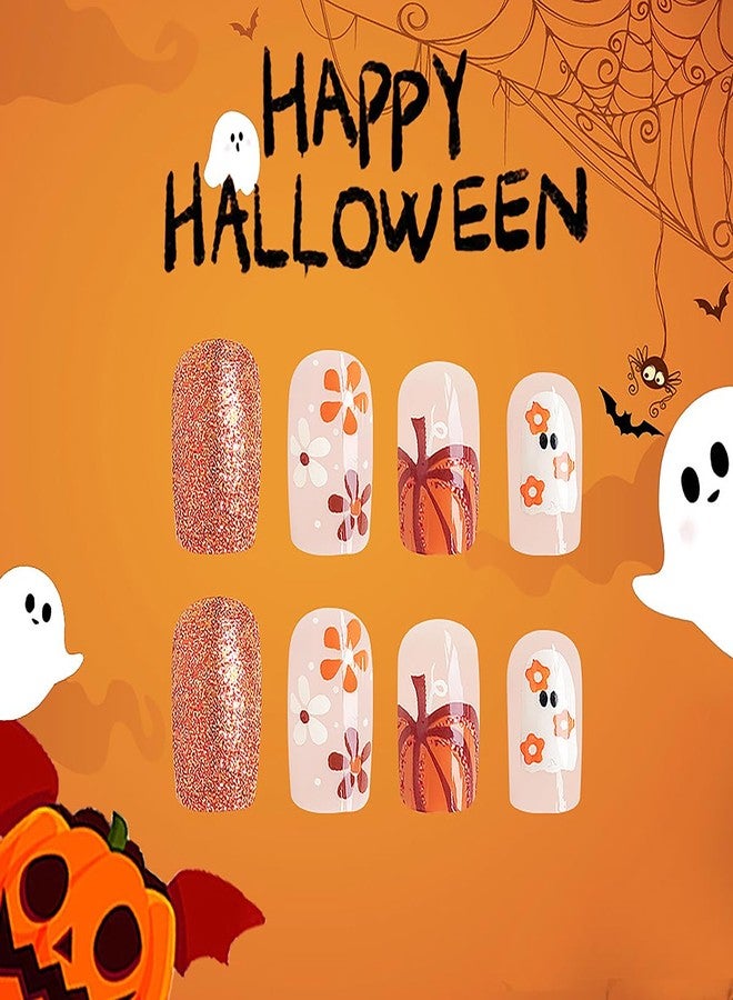 BYJKYEN Halloween Cute Ghost Pumpkin Press on Nails Short Square Fake Nails Acrylic Glue on Nails Autumn Glossy Full Cover Halloween False Nails for Women Girls Holiday Acrylic Manicure Decoration 24Pcs - Image 4