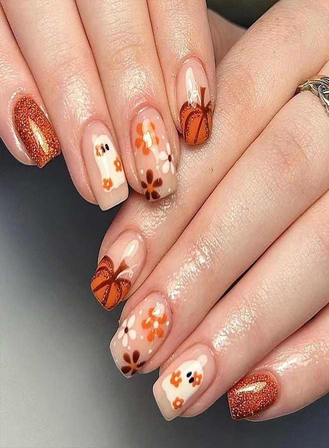 BYJKYEN Halloween Cute Ghost Pumpkin Press on Nails Short Square Fake Nails Acrylic Glue on Nails Autumn Glossy Full Cover Halloween False Nails for Women Girls Holiday Acrylic Manicure Decoration 24Pcs - Image 1