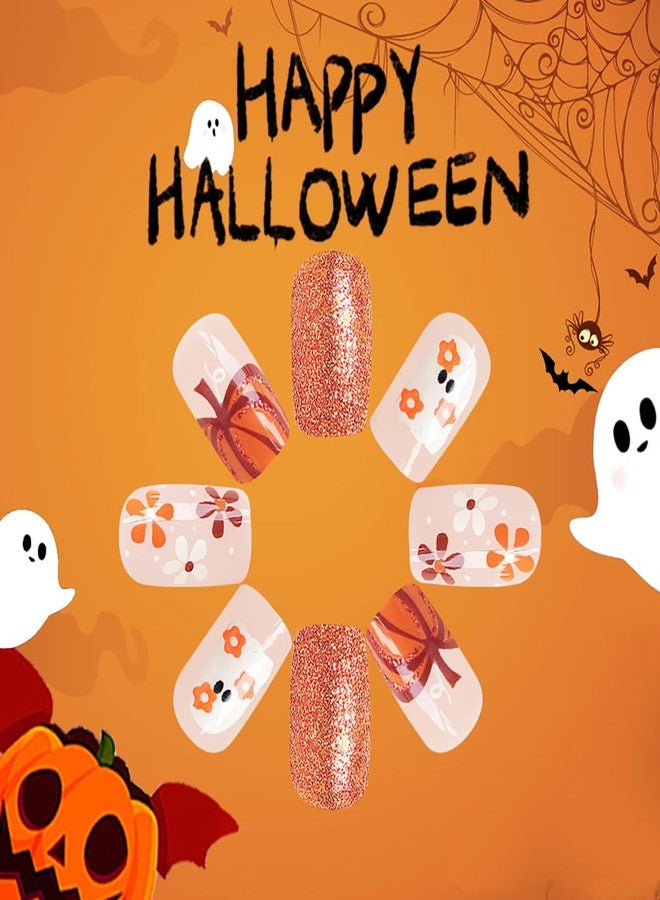 BYJKYEN Halloween Cute Ghost Pumpkin Press on Nails Short Square Fake Nails Acrylic Glue on Nails Autumn Glossy Full Cover Halloween False Nails for Women Girls Holiday Acrylic Manicure Decoration 24Pcs - Image 3
