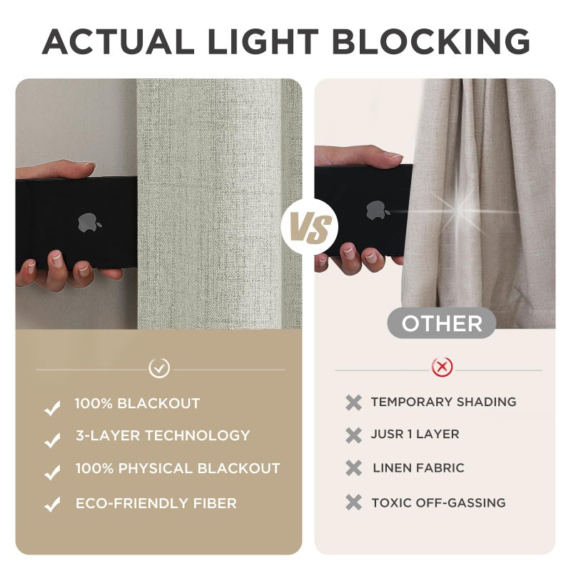 Joydeco Blackout Curtains for Bedroom - 100% Light Blocking 2 Panels Light Beige Drapes 66"W x 96"L, Thermal Insulated Room Darkening Curtains, Linen Textured for Living Room, Rod Pocket & Back Tabs - Image 5