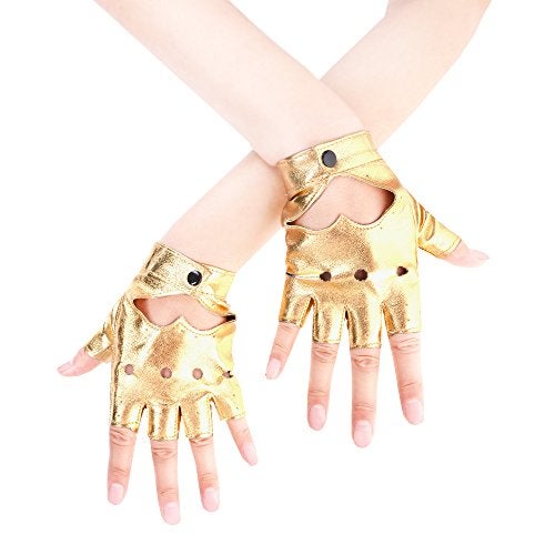 JISEN Women Heart Cutout Punk Half Finger PU Leather Performance Gloves Gold - Image 1