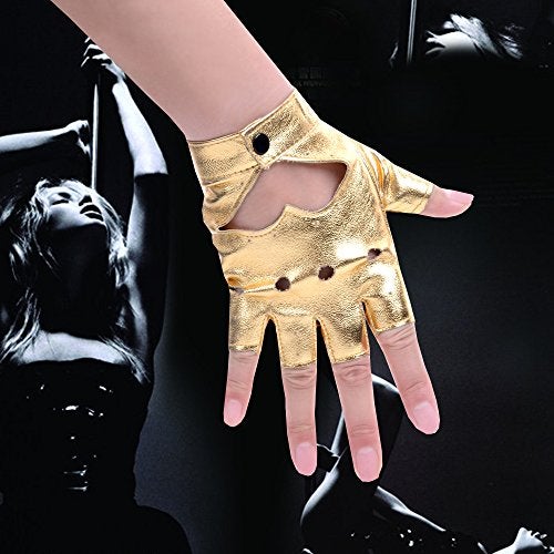 JISEN Women Heart Cutout Punk Half Finger PU Leather Performance Gloves Gold - Image 3