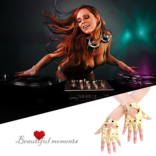 JISEN Women Heart Cutout Punk Half Finger PU Leather Performance Gloves Gold - Image 5