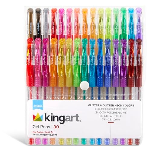 KINGART GLITTER Rollerball GEL PENS, 30 Sparkling Colors with Soft-Grip Comfort, XL Ink Cartridge - For Coloring, Doodling, Scrapbooking, Journaling and General Use, All Ages, 30 Pens - Image 1