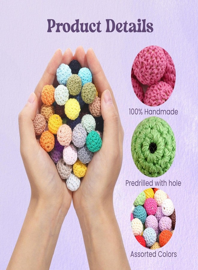 TXIN 60 Pieces 16mm Wooden Crochet Beads, Assorted Color Cotton Crochet Covered Beads, Round Wood Knitting Ball with Threading Hole for DIY Crafts Bracelet Necklace Jewelry Making - Image 3