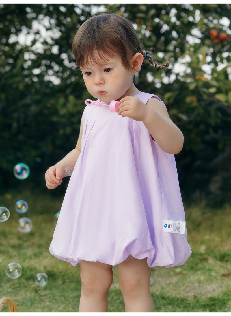 mini bala Girls Charming Sleeveless Dress, Soft Breathable Cotton Fabric, Pleated Bodice, Back Bow Accent with Button Fastening, Bubble Hem, Ideal for Daily Play, Garden Parties and Special Events Children's Dress - Image 2