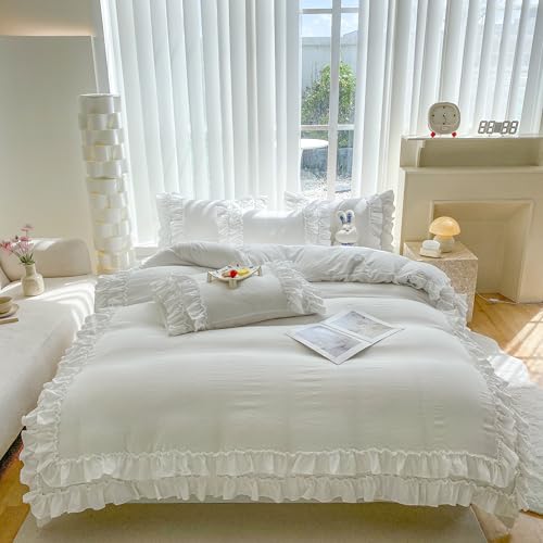 SOUKECHY Lace Ruffle Duvet Cover 3 Pieces BeddingWhite Queen Duvet Cover Set with 2 Layers RufflesSoft Brushed Microfiber Set with Zipper ClosureFarmhouse Ruffled Duvet Cover Set - Image 3