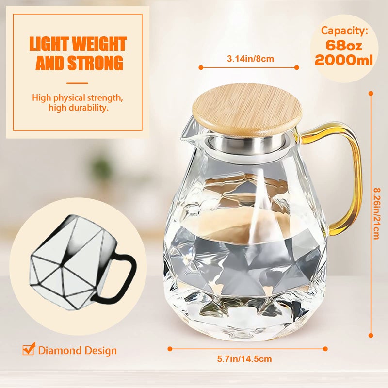 DUJUST 2 Litre Water Jug, Modern Diamond Design Glass Jug with Lid and Handle, High Durability Water Jug for Fruit Infuser Ice Tea, Hot Coffee, Milk - Image 5