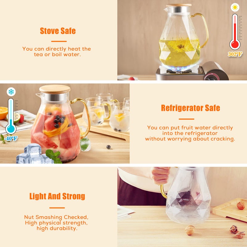 DUJUST 2 Litre Water Jug, Modern Diamond Design Glass Jug with Lid and Handle, High Durability Water Jug for Fruit Infuser Ice Tea, Hot Coffee, Milk - Image 4