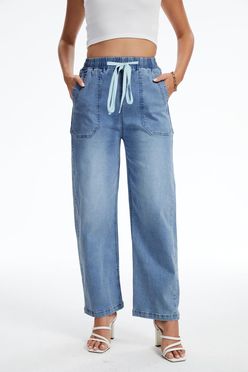SESERAGI Womens Barrel Stretch Jeans Distressed Drawstring Wide Leg Loose Pull On Denim Jeans Pants Blue S - Image 3
