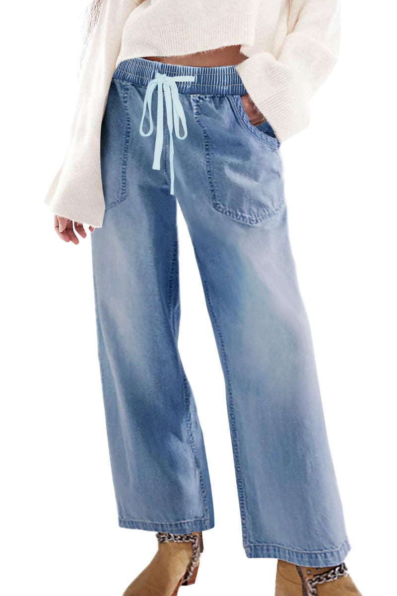 SESERAGI Womens Barrel Stretch Jeans Distressed Drawstring Wide Leg Loose Pull On Denim Jeans Pants Blue S - Image 1