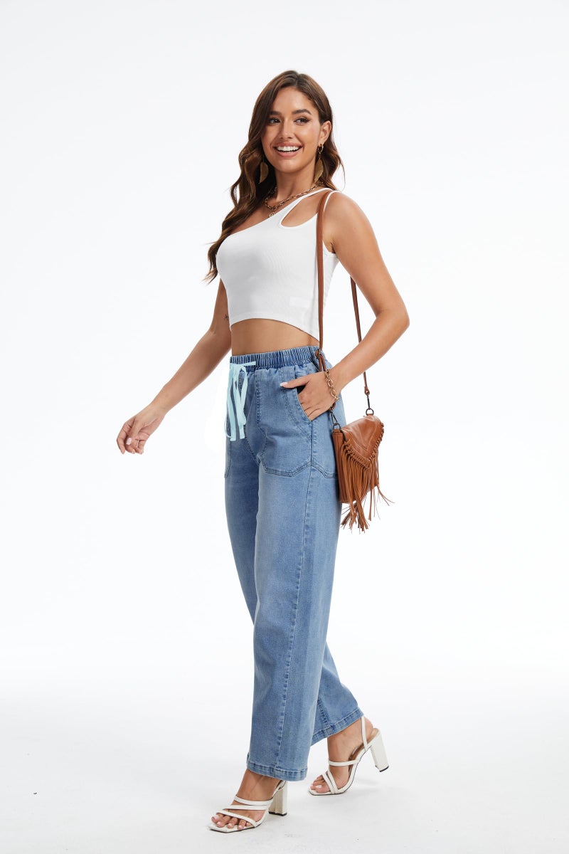 SESERAGI Womens Barrel Stretch Jeans Distressed Drawstring Wide Leg Loose Pull On Denim Jeans Pants Blue S - Image 2