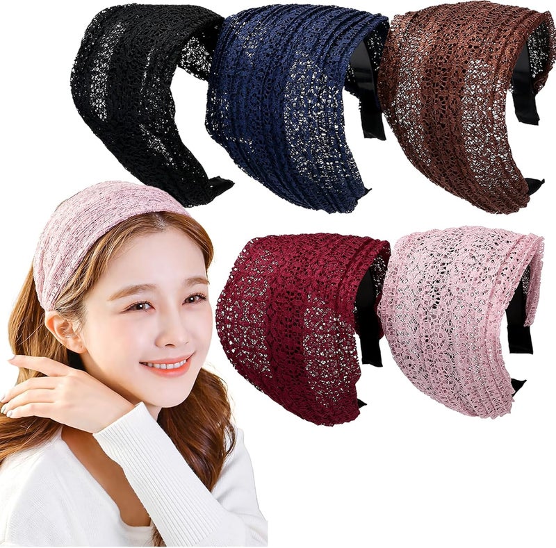 LONEEDY 5 Pack Wide Hard Headband with Teeth for Women Girlss Hair Band Pleated Cloth Fabric Hair Hoop Accessories Mixed colors E One Size