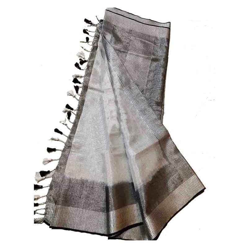 SheenKraft Women's Tissue Linen Pure Two Dye Bhagalpuri Handloom Saree With Unstitched Blouse Piece_Free Size_Color Variation 11647_Black - Image 4