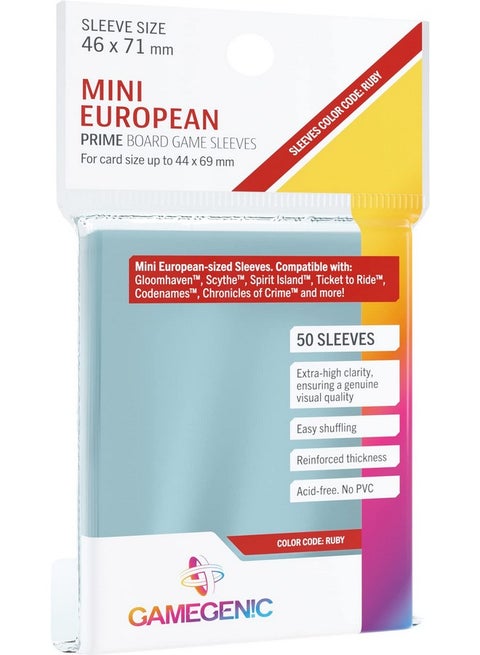 Prime Board Game Sleeves ; Pack Of 50 Extraclear Sleeves ;46 By 71 Mm Card Sleeves Optimized For Use With Mini European Card Games ; Premium Card Protection ; Ffg Ruby Color Code ; Made By Gamegenic