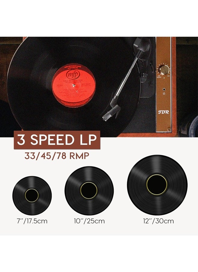 Record Player Vinyl Record Player 3-Speed Wireless Bluetooth Suitcase Portable Belt-Driven Record Player with Built-in Speakers RCA Line Out AUX in Headphone Jack Vintage Turntable Brown