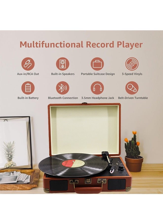 Record Player Vinyl Record Player 3-Speed Wireless Bluetooth Suitcase Portable Belt-Driven Record Player with Built-in Speakers RCA Line Out AUX in Headphone Jack Vintage Turntable Brown