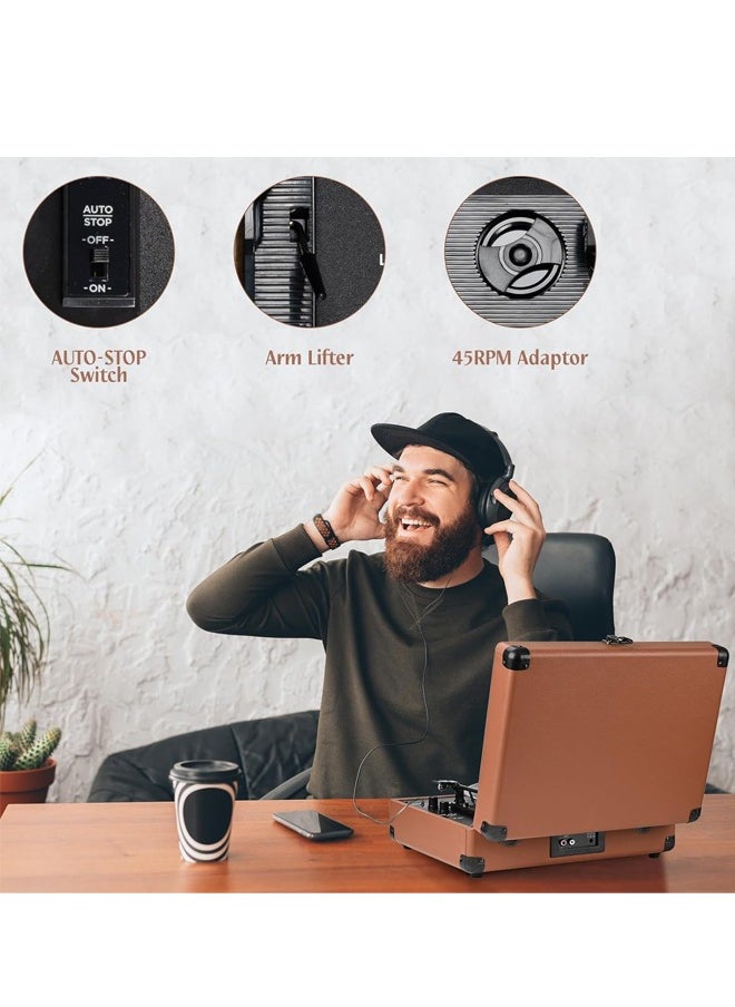 Record Player Vinyl Record Player 3-Speed Wireless Bluetooth Suitcase Portable Belt-Driven Record Player with Built-in Speakers RCA Line Out AUX in Headphone Jack Vintage Turntable Brown