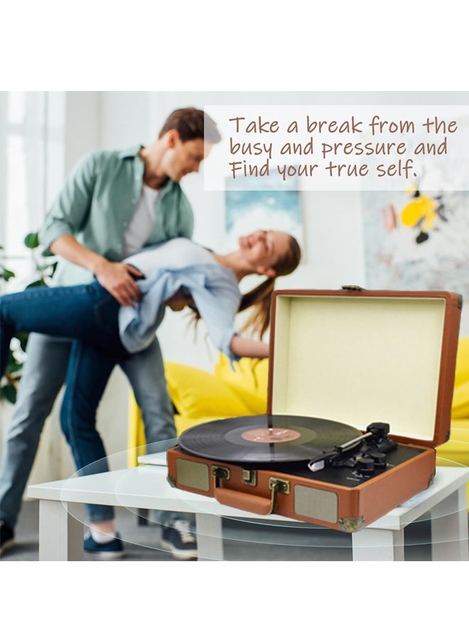 Record Player Vinyl Record Player 3-Speed Wireless Bluetooth Suitcase Portable Belt-Driven Record Player with Built-in Speakers RCA Line Out AUX in Headphone Jack Vintage Turntable Brown