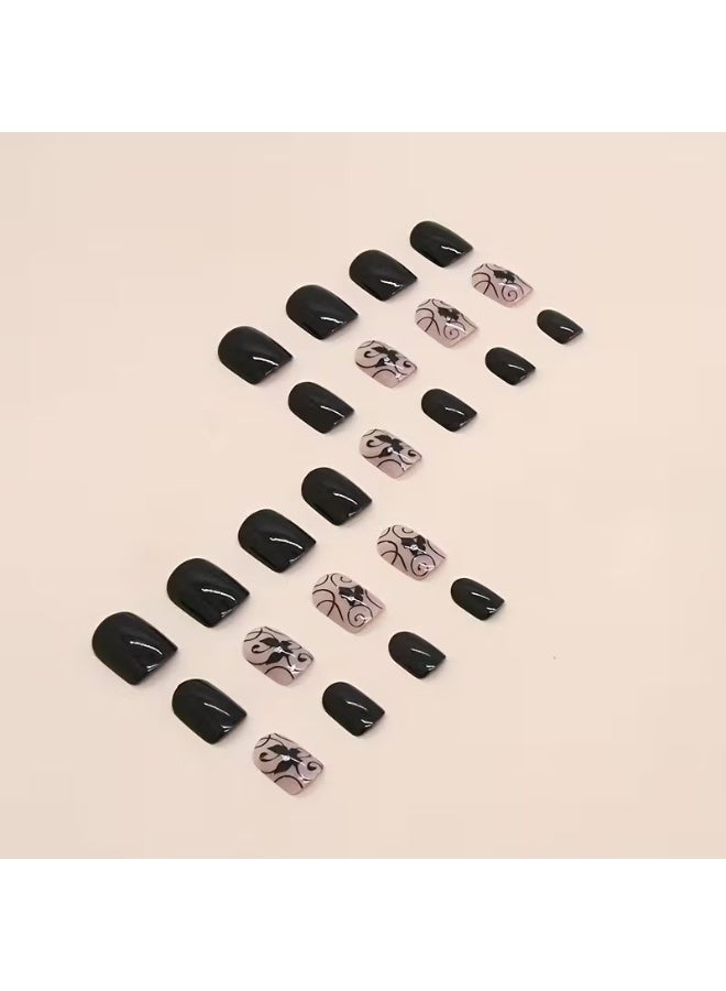 Goolsky 24 fake nails Four seasons dark striped flowers short square nails - Image 3