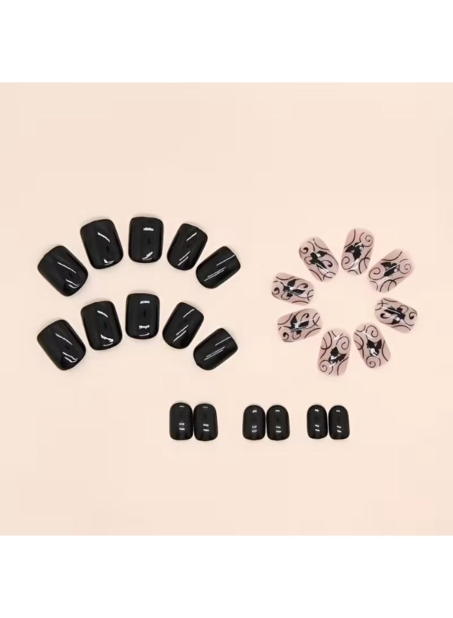 Goolsky 24 fake nails Four seasons dark striped flowers short square nails - Image 2