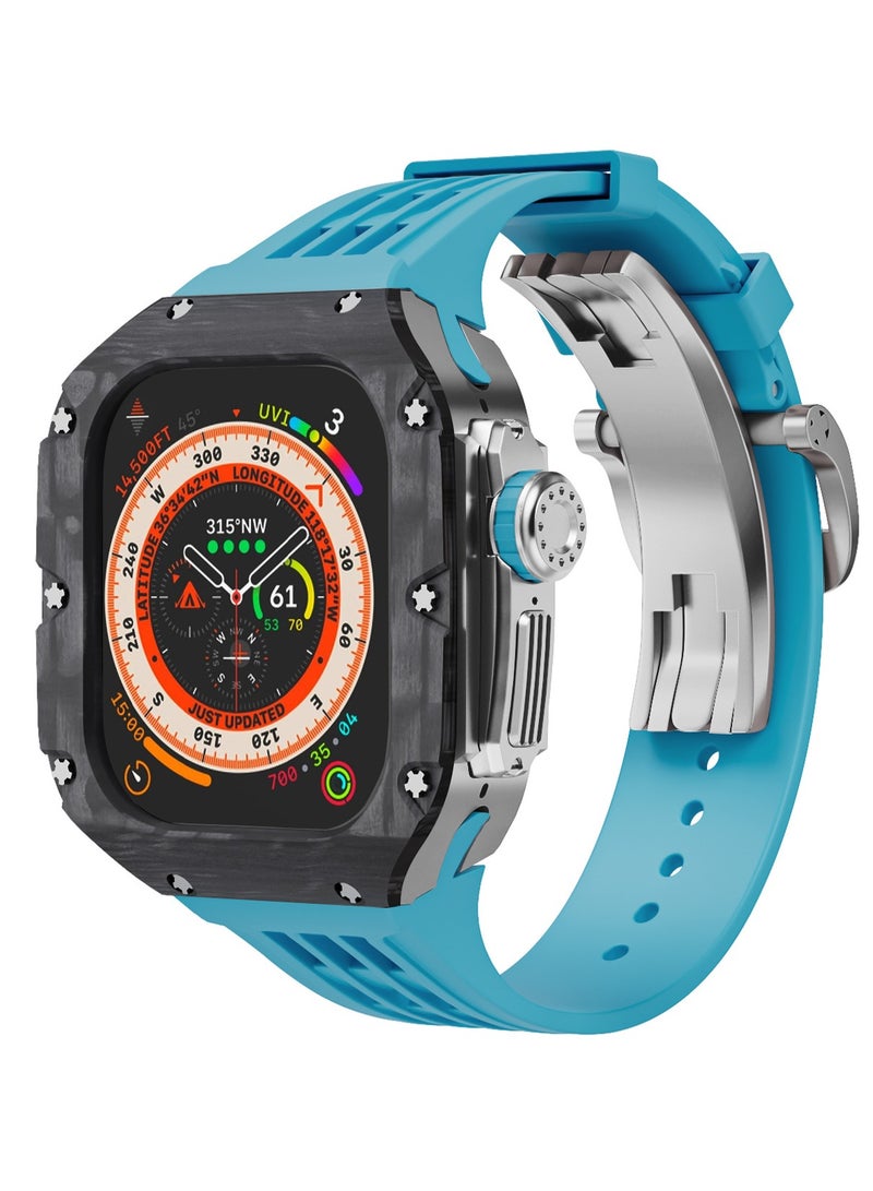 AROAQ Carbon Fiber Case For Apple Watch, 49mm Fluororubber Band Metal Bazel For Iwatch, Ultra Titanium Alloy Integrated Protective Case, (Carbon shell-silver titanium frame-blue tape) - Image 1