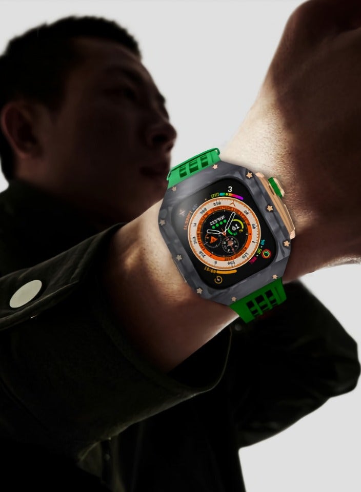 AROAQ Carbon Fiber Case For Apple Watch, 49mm Fluororubber Band Metal Bazel For Iwatch, Ultra Titanium Alloy Integrated Protective Case, (Carbon shell-silver titanium frame-blue tape) - Image 4