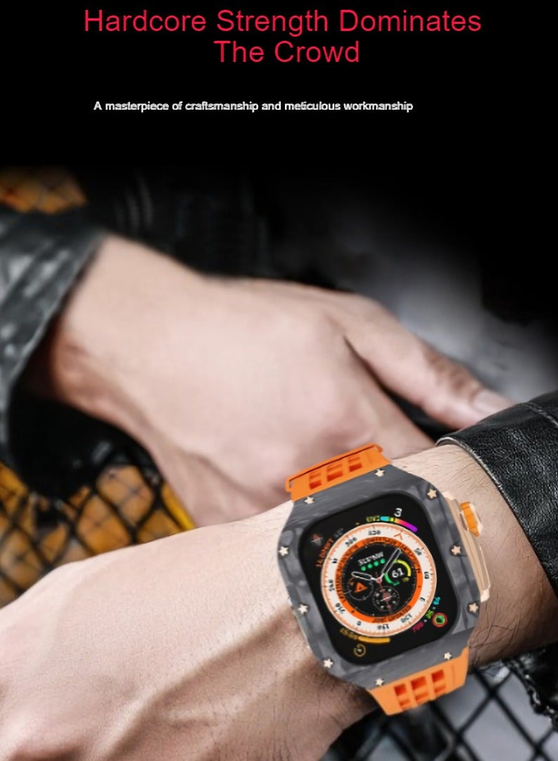 AROAQ Carbon Fiber Case For Apple Watch, 49mm Fluororubber Band Metal Bazel For Iwatch, Ultra Titanium Alloy Integrated Protective Case, (Carbon shell-silver titanium frame-blue tape) - Image 2