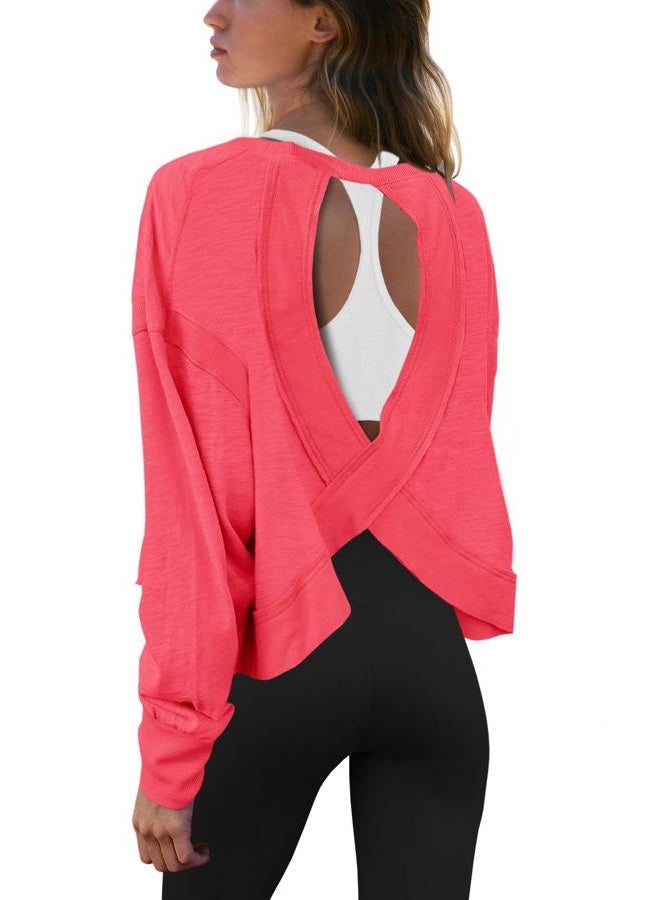 Panadila Womens Open Back Workout Top Long Sleeve Athletic Shirts Casual Crop Running Tee Y2k Yoga, Watermelon Red, M - Image 1