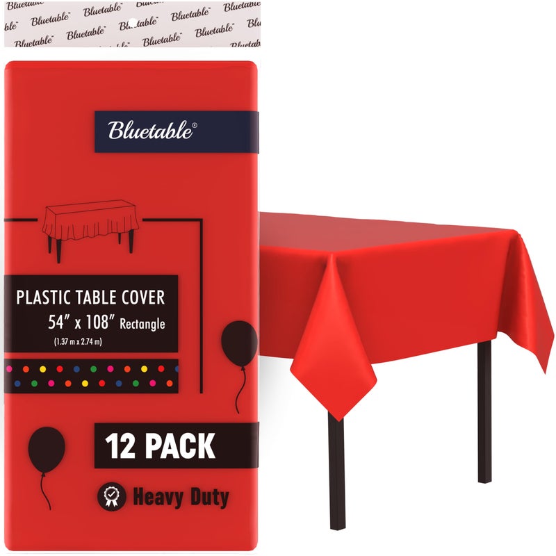 Plastic Tablecloth Red Disposable 12 Pack Bulk Ultra Heavy Duty  Rectangle Table Cloth 54 x 108 6 Foot or 8 Foot Tables Red Party Birthdays Mantel de Plastico Christmas 12 Pack