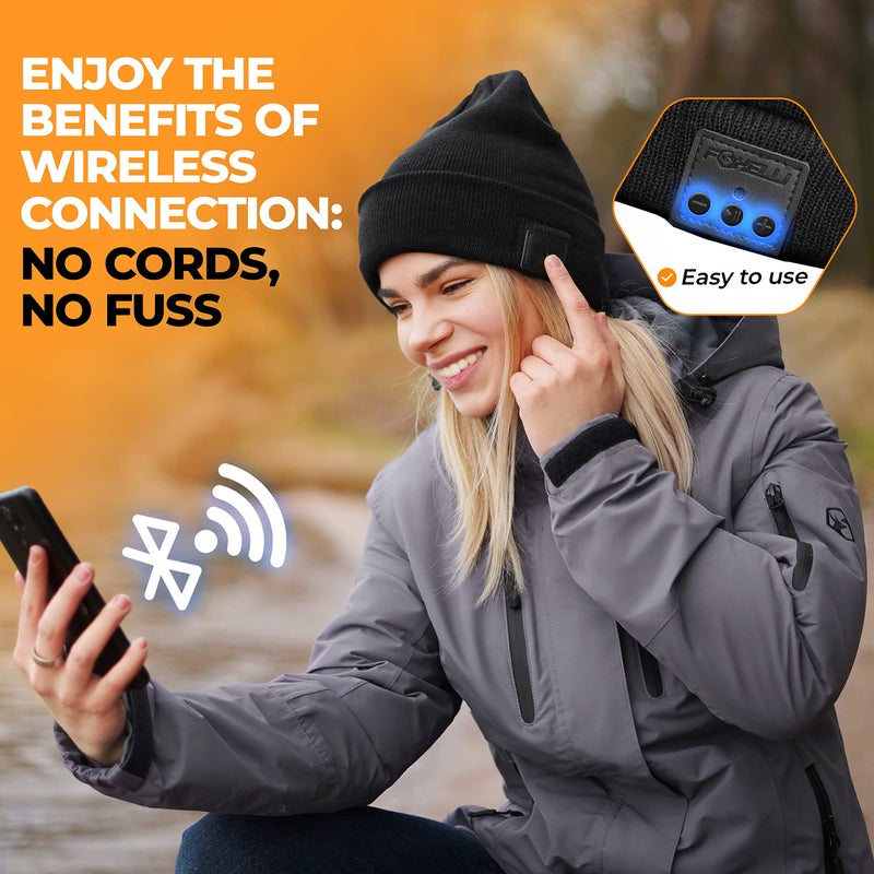 Foxelli Bluetooth Beanie Hat with Headphones Perfect Tech Gift for Men & Women Black - Image 3