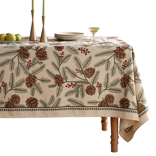 ISAENNE Designer Christmas Beige Linen Table Cloth for Rectangle Table,Pinecones Pattern Indoor Tablecloths,Washable Decor Tablecloth for Dining Thanksgiving Kitchen Christmas,55"*79"-Carol B - Image 1