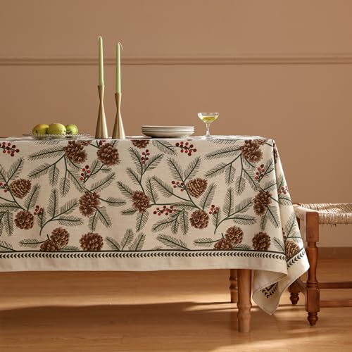 ISAENNE Designer Christmas Beige Linen Table Cloth for Rectangle Table,Pinecones Pattern Indoor Tablecloths,Washable Decor Tablecloth for Dining Thanksgiving Kitchen Christmas,55"*79"-Carol B - Image 2