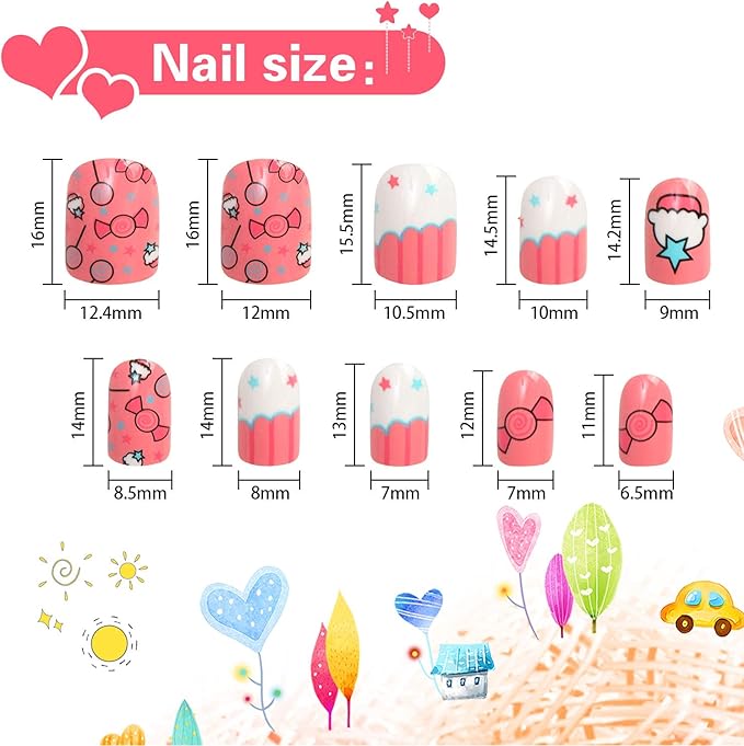 JANYUN JANYUN 96 Pcs Kids Fake Nails Press on Nails for Girls Preglue Full Cover Short False Nails Children Nails Lovely Gift for Children Refreshing and Cute - Image 2