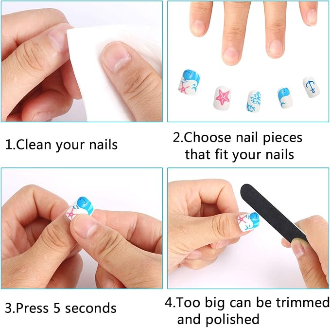 JANYUN JANYUN 96 Pcs Kids Fake Nails Press on Nails for Girls Preglue Full Cover Short False Nails Children Nails Lovely Gift for Children Refreshing and Cute - Image 4