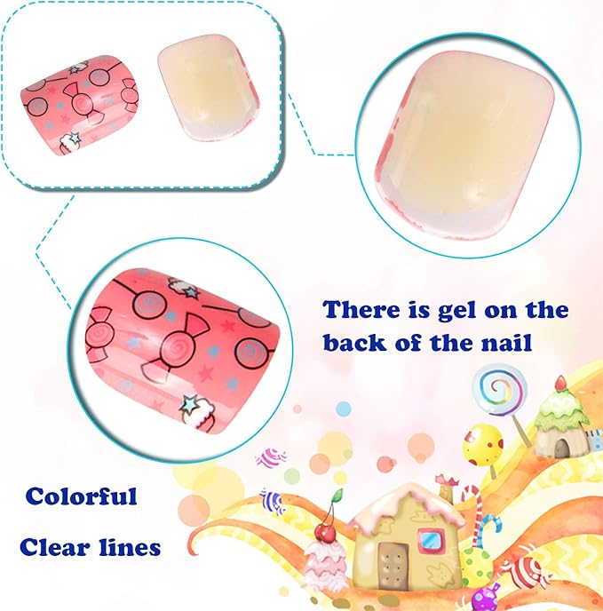 JANYUN JANYUN 96 Pcs Kids Fake Nails Press on Nails for Girls Preglue Full Cover Short False Nails Children Nails Lovely Gift for Children Refreshing and Cute - Image 3