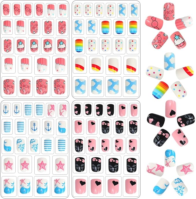 JANYUN JANYUN 96 Pcs Kids Fake Nails Press on Nails for Girls Preglue Full Cover Short False Nails Children Nails Lovely Gift for Children Refreshing and Cute - Image 1