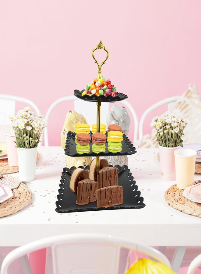 ArtCute طقم حامل كب كيك مكون من 5 قطع، طقم عرض طاولة حلويات مع حاملين مربعين للكيك بثلاث طبقات + 3 صواني مقبلات مناسبة لأعياد الميلاد وحفلات الزفاف وحفلات الشاي وحفلات استقبال المولود (أسود، مربع بفتحات دانتيل) - Image 3