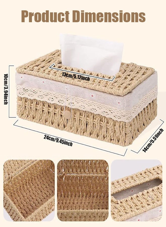 غطاء صندوق مناديل منسوج مستطيل الشكل، صندوق مناديل منسوج ريفي مستطيل الشكل مع غطاء قابل للفتح من الأعلى ومنظم للأوراق للغرفة المعيشة وغرفة النوم والحمام وديكور المنزل - Image 4