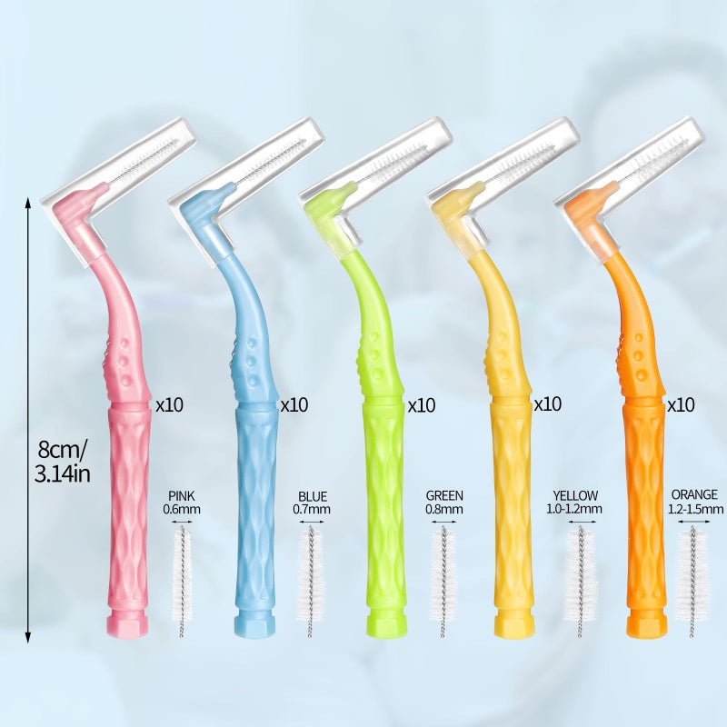 lanjue 50pcs Interdental Brushes, 5 Sizes Braces Brush Set Soft Dental Brushes with Non-Slip Handle Angled Head Tooth Picks Floss Sticks Dental Floss Brushes for Braces Oral Cleaning - Image 2