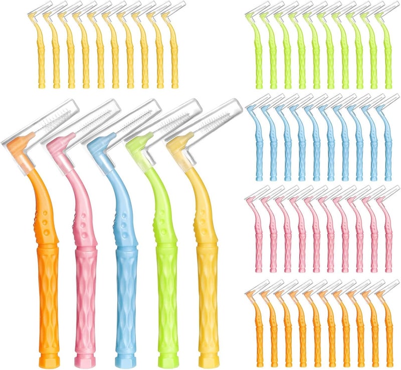 lanjue 50pcs Interdental Brushes, 5 Sizes Braces Brush Set Soft Dental Brushes with Non-Slip Handle Angled Head Tooth Picks Floss Sticks Dental Floss Brushes for Braces Oral Cleaning - Image 1