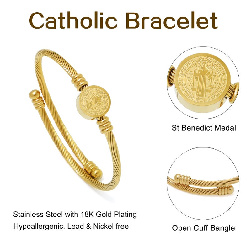 KOMI St Benedict Bangle for Men Women 18K Gold Plated Stainless Steel Cuff Bangle Catholic Protection Religious Jewelry Gifts - Image 2